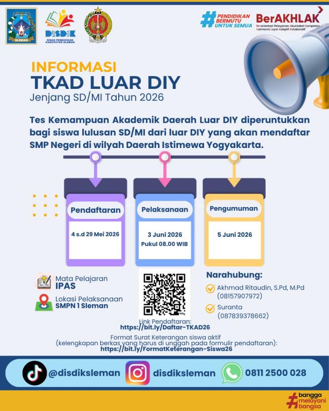 Informasi SPMB 2026 - TKAD Bagi Calon Pendaftar Luar Daerah
